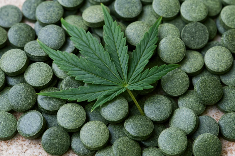 Cannabis leaf resting on pile of green tablets