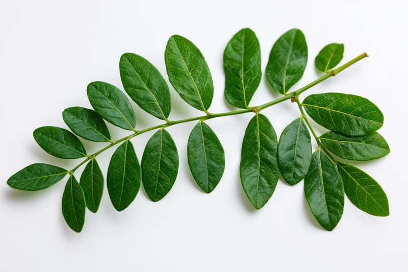 Green leafy stem with paired oval leaves on white background