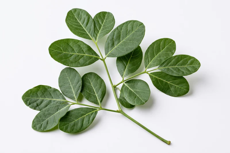 Green leafy stem with paired oval leaves on white background