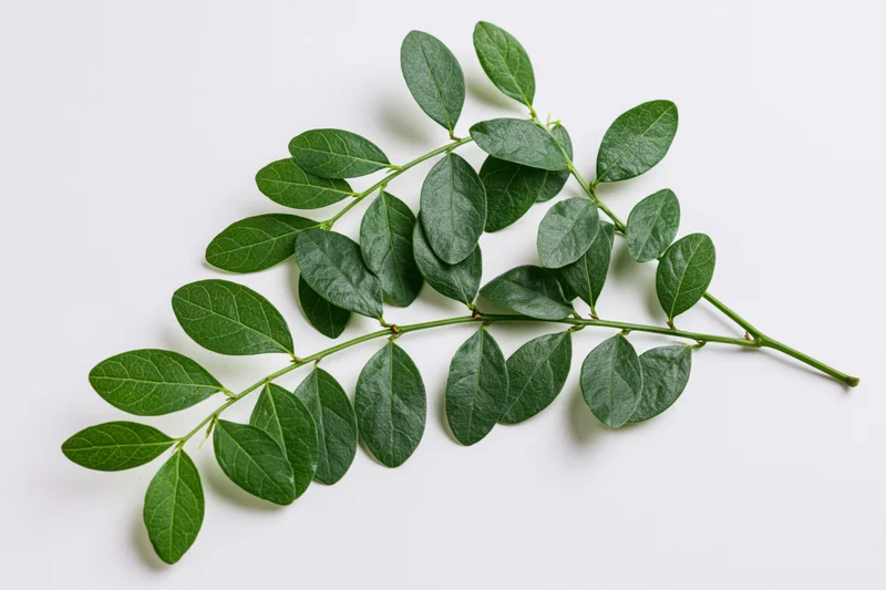 Green leafy stem with small oval leaves arranged flat on white surface