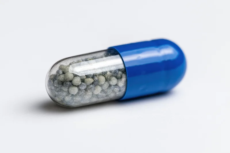 Transparent blue capsule containing small beads lying horizontally on white surface