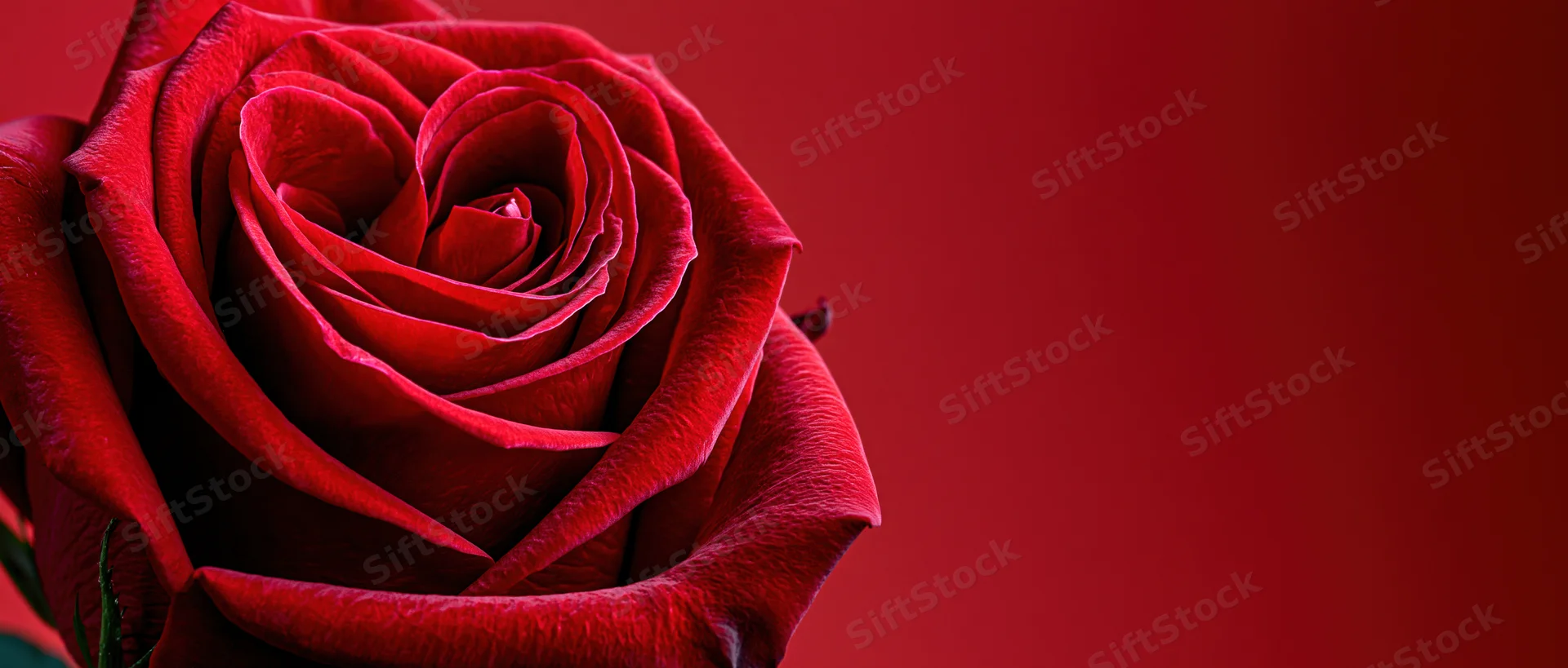 Closeup of a red rose bloom with petals forming a heart shape against a red background