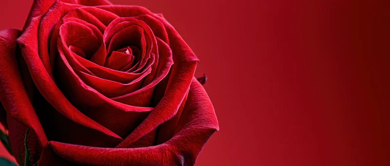 Closeup of a red rose bloom with petals forming a heart shape against a red background