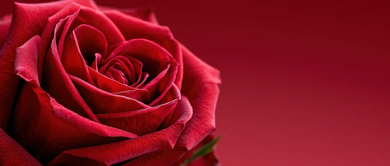 Closeup of a red rose bloom with petals forming a heart shape against a red background