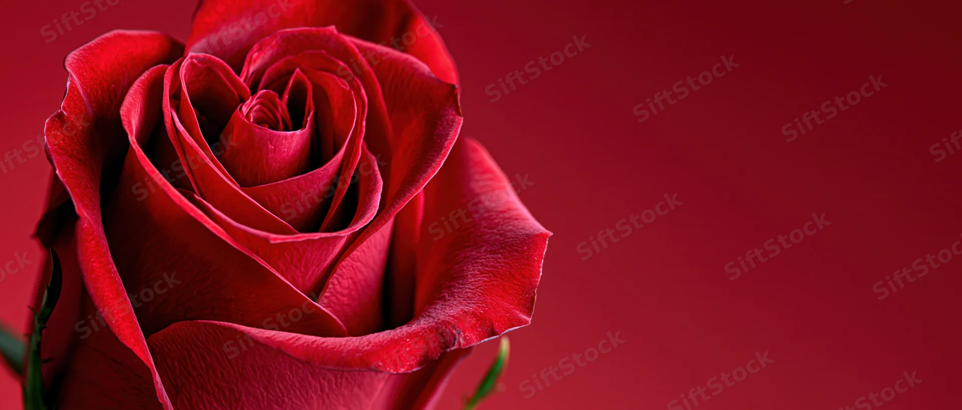 Closeup of a red rose bloom with petals forming a heart shape against a red background
