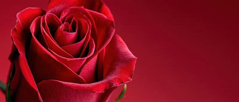 Closeup of a red rose bloom with petals forming a heart shape against a red background