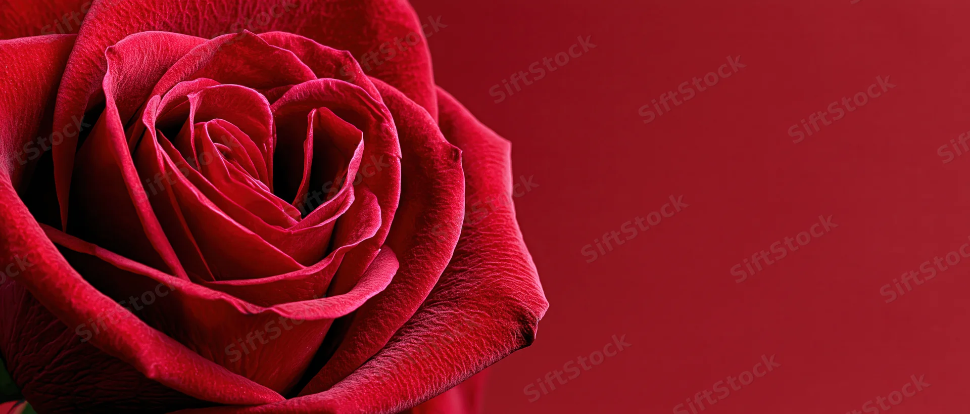 Closeup of a red rose bloom with petals forming a heart shape against a red background