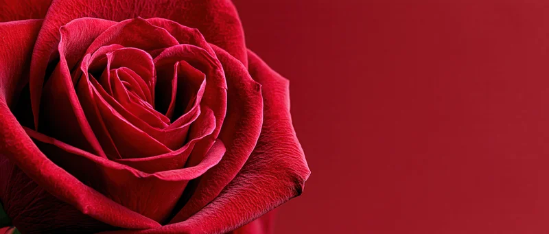 Closeup of a red rose bloom with petals forming a heart shape against a red background