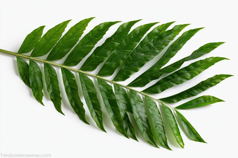 Tropical palm frond laid flat on white background