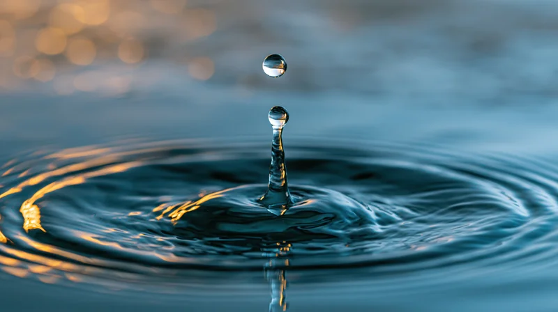 Water droplet mid-air above rippling surface with golden reflections