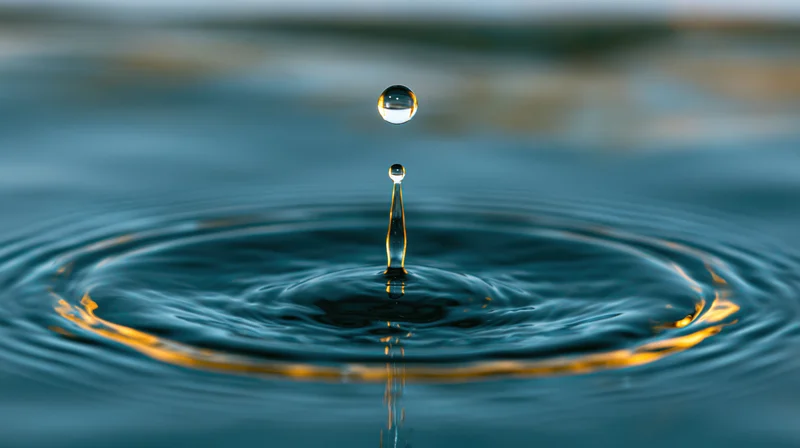 Water droplet suspended above rippling surface with golden light reflections