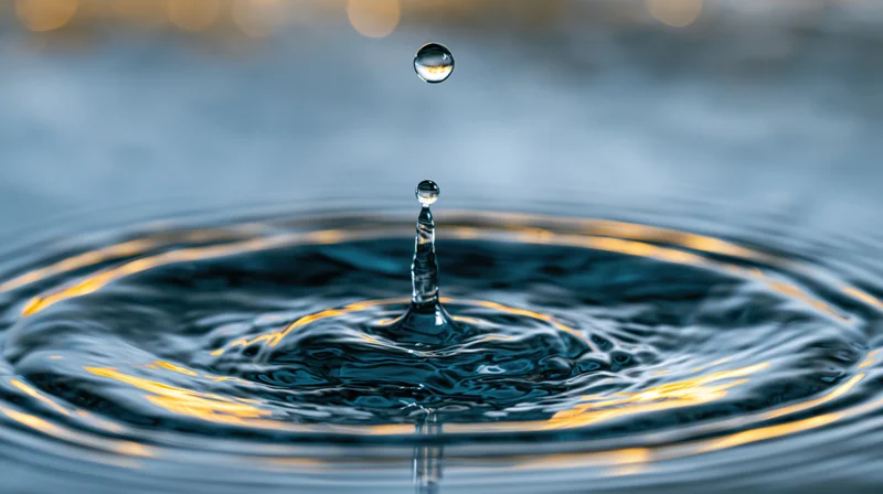 Water droplet mid-air above rippling surface with golden reflections
