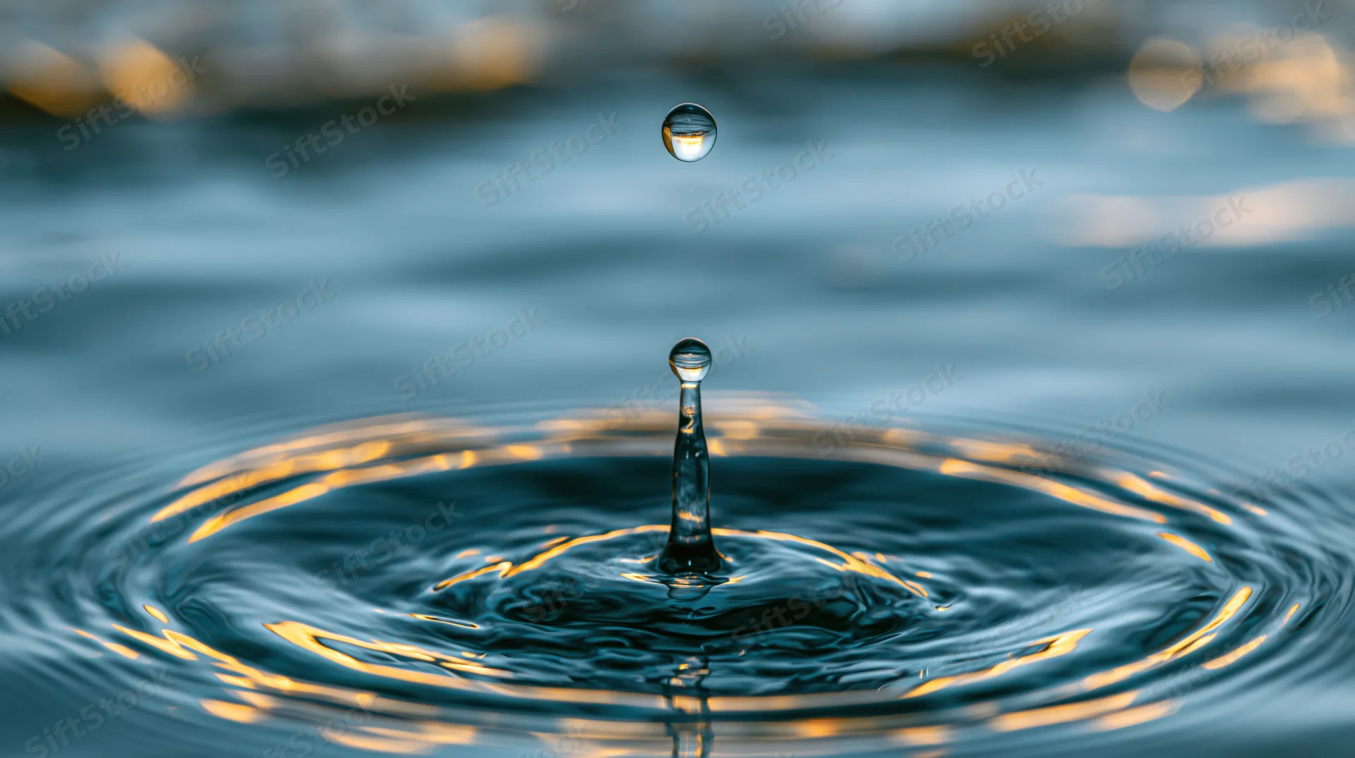 Water droplet mid-air above rippling surface with golden reflections
