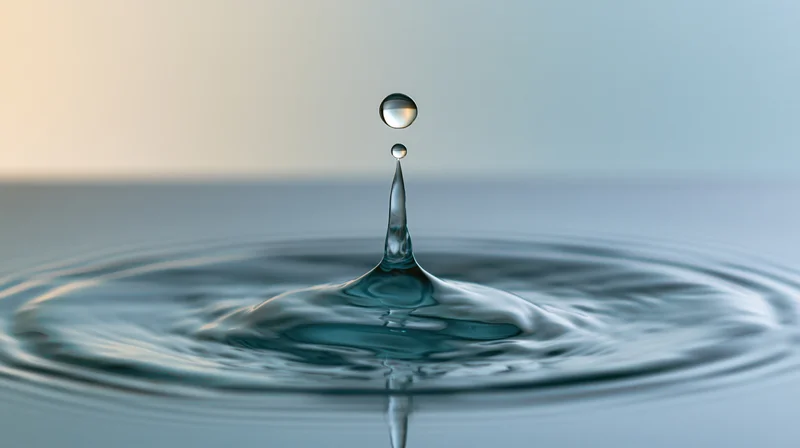Water droplet mid-splash creating ripples on calm surface
