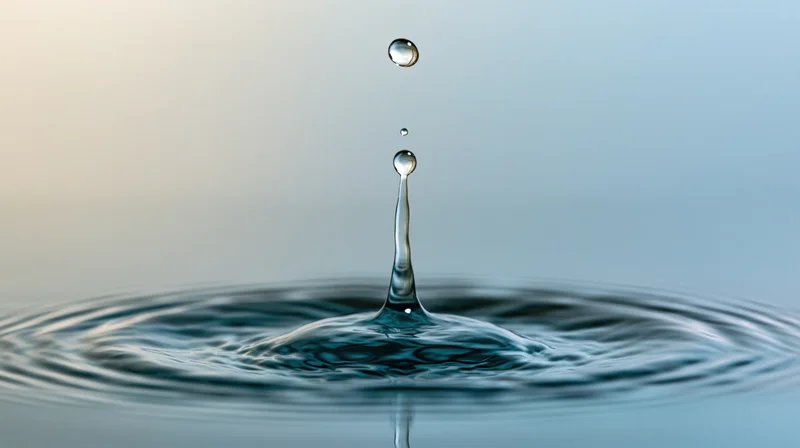Water droplet mid-collision with calm surface creating splash and ripples