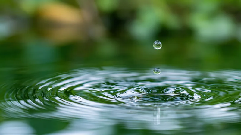 Water droplet suspended above rippling pond surface with green foliage background