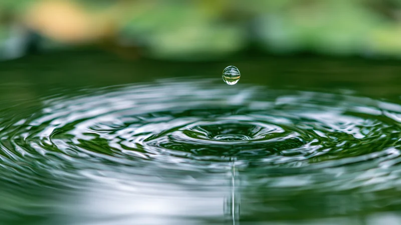 Water droplet suspended above rippling pond surface with green foliage background