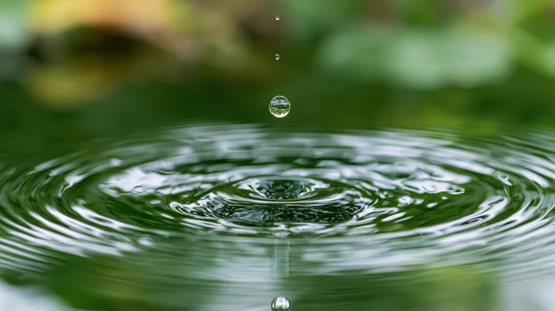 Water droplet suspended above calm pond surface creating ripples with green foliage in background