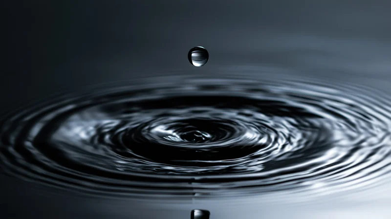A water droplet suspended above a dark still surface creating concentric ripples