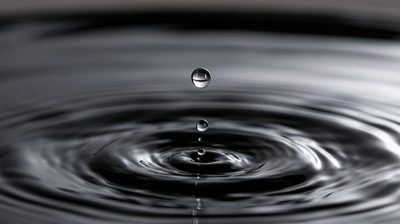 A water droplet suspended above a dark still surface creating ripples