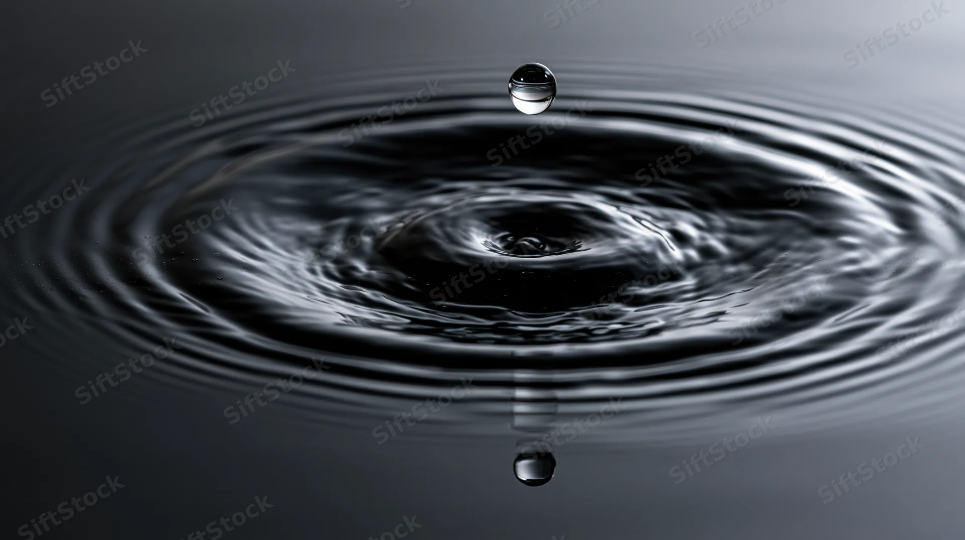 A single water droplet suspended above a dark still water surface creating ripples and reflection