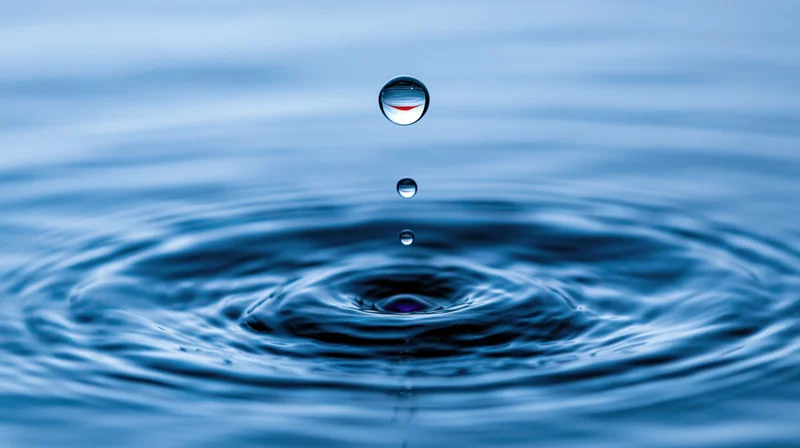 Water droplet suspended above rippling surface creating concentric waves