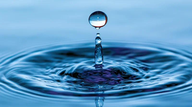 Water droplet suspended above rippling surface in blue liquid