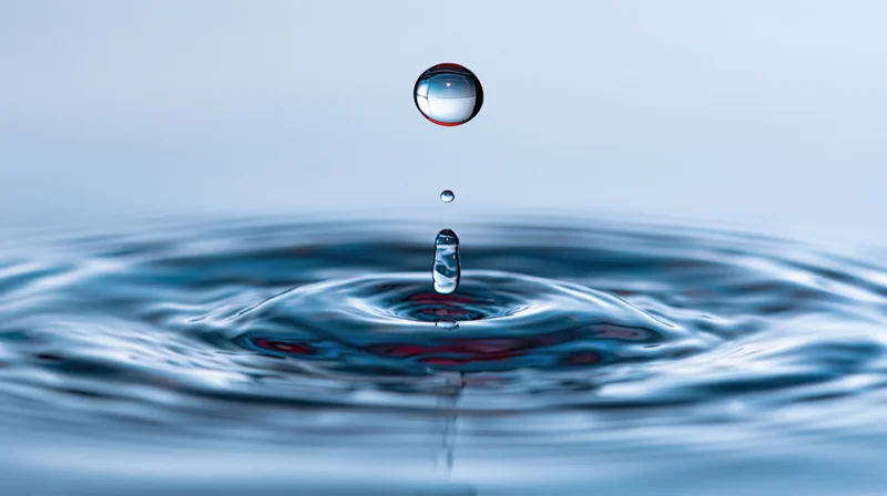 Water droplet suspended above rippling surface in mid-splash