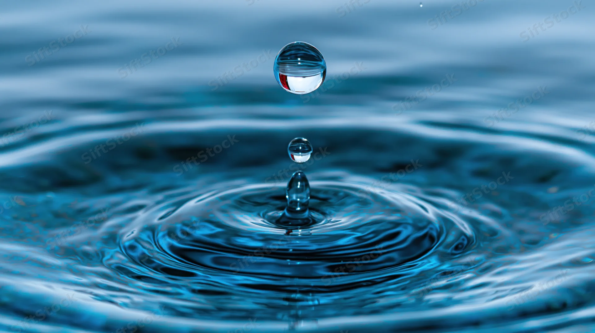 Water droplet suspended at peak of impact above rippling surface