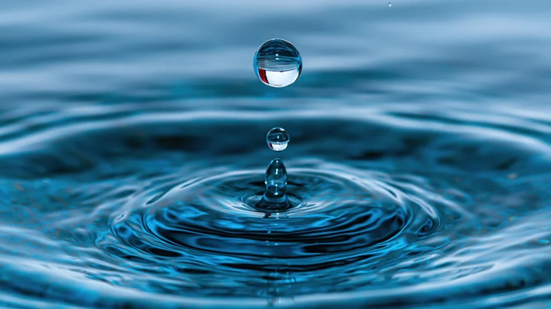 Water droplet suspended at peak of impact above rippling surface