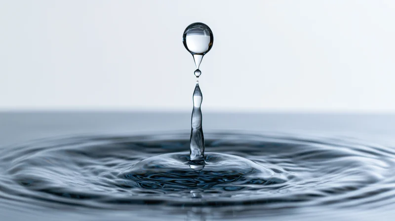 Water droplet suspended mid-air above rippling surface with reflection