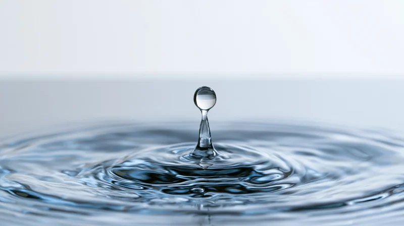 Water droplet suspended above rippling surface in calm liquid
