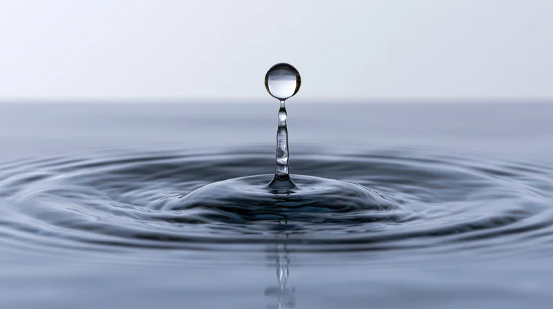 Water droplet suspended above calm surface creating ripples and reflection