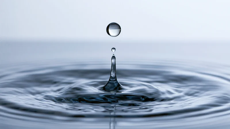 Water droplet suspended above rippling surface in closeup view
