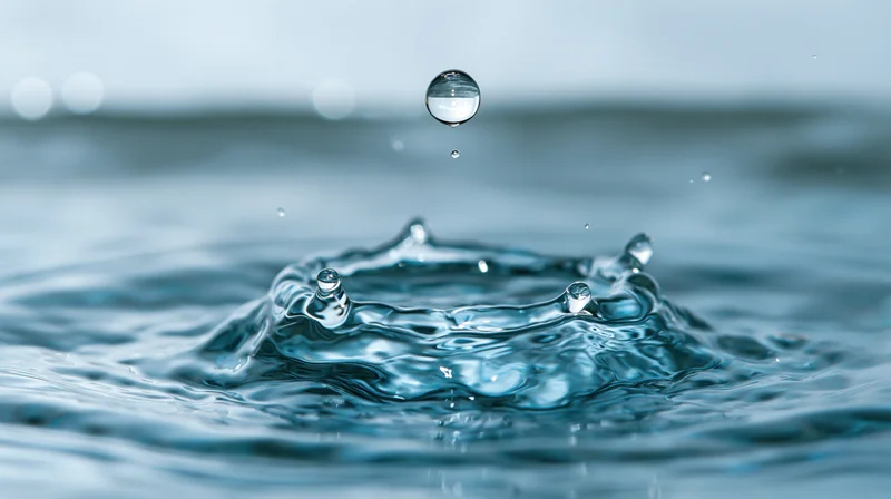 Water droplet suspended above a crown splash on a calm surface