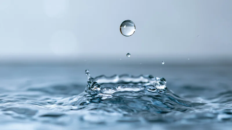 Water droplet suspended above a crown splash on a calm surface