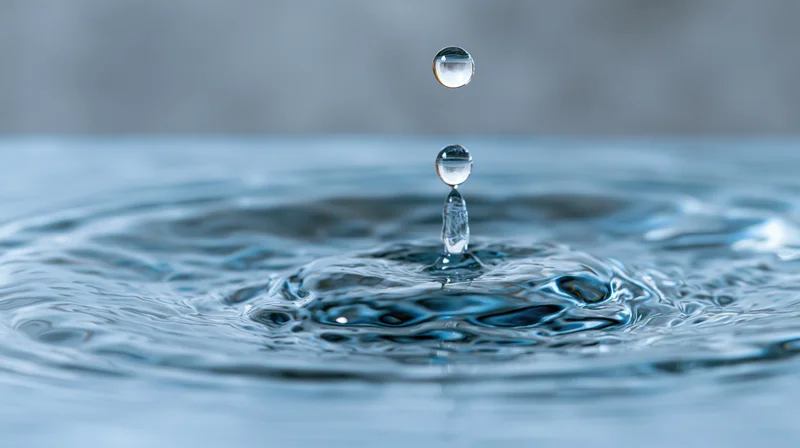 Water droplet suspended above a crown splash on a calm surface