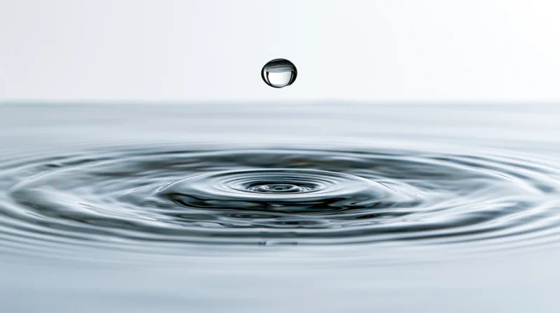 Water droplet suspended above rippling surface creating concentric waves