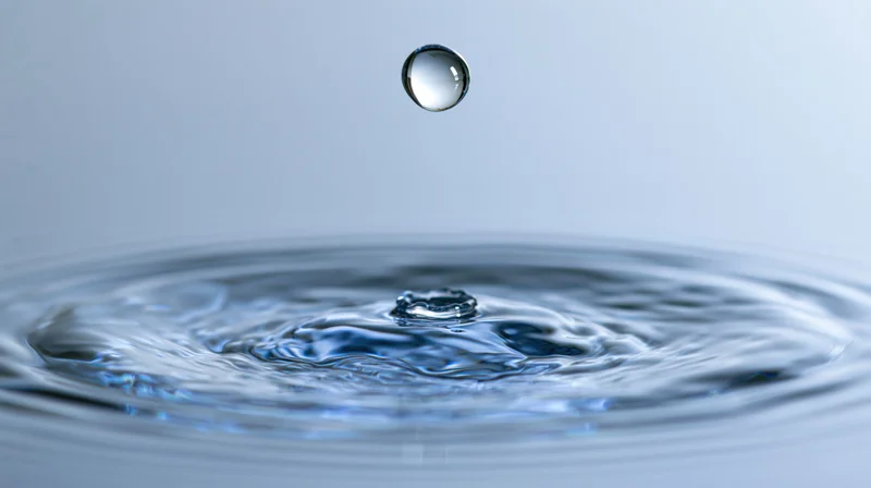 Single water droplet suspended above rippling surface in studio setting