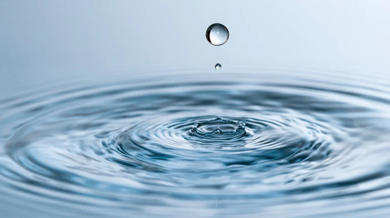 Water droplet suspended above rippling surface in studio setting