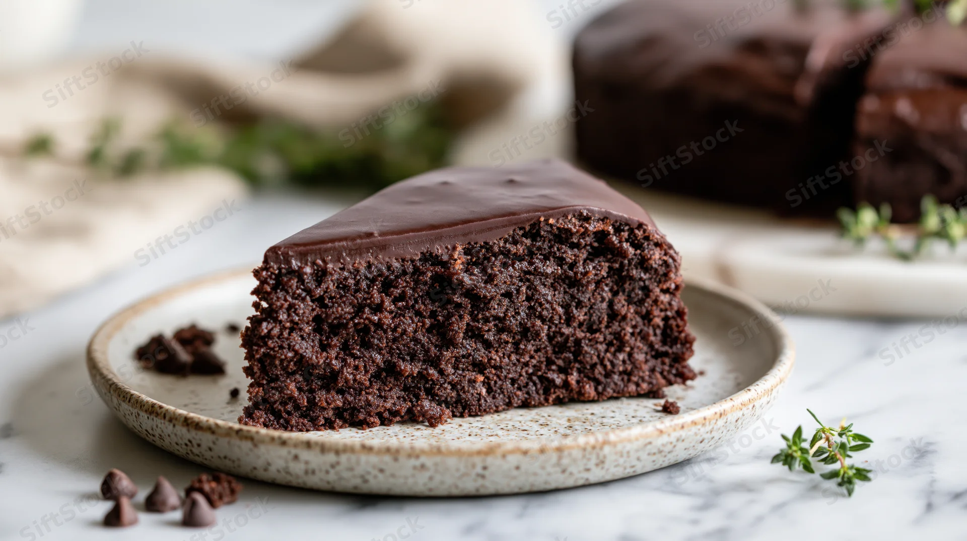 Slice of dense chocolate cake with smooth ganache topping on a speckled plate