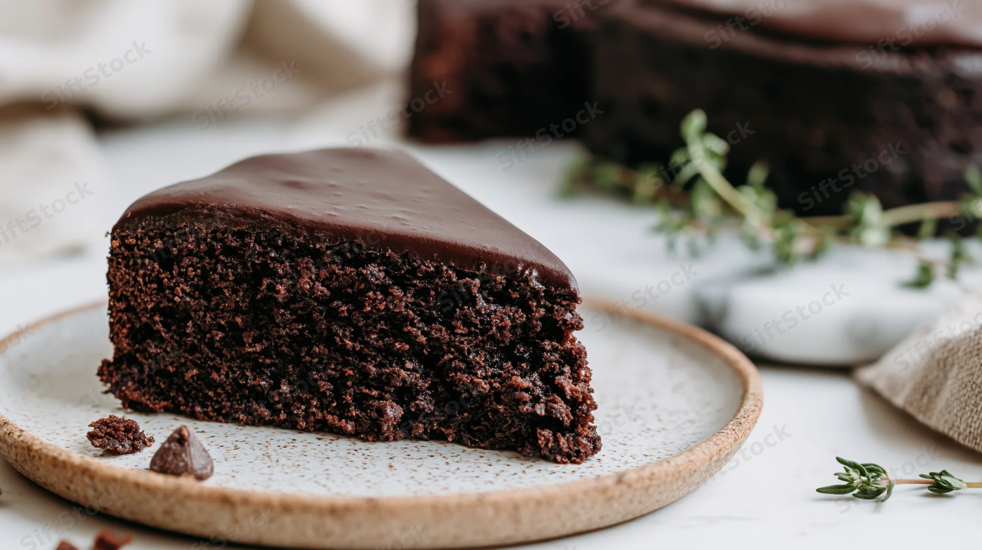 Slice of dense chocolate cake with smooth ganache topping on a speckled ceramic plate