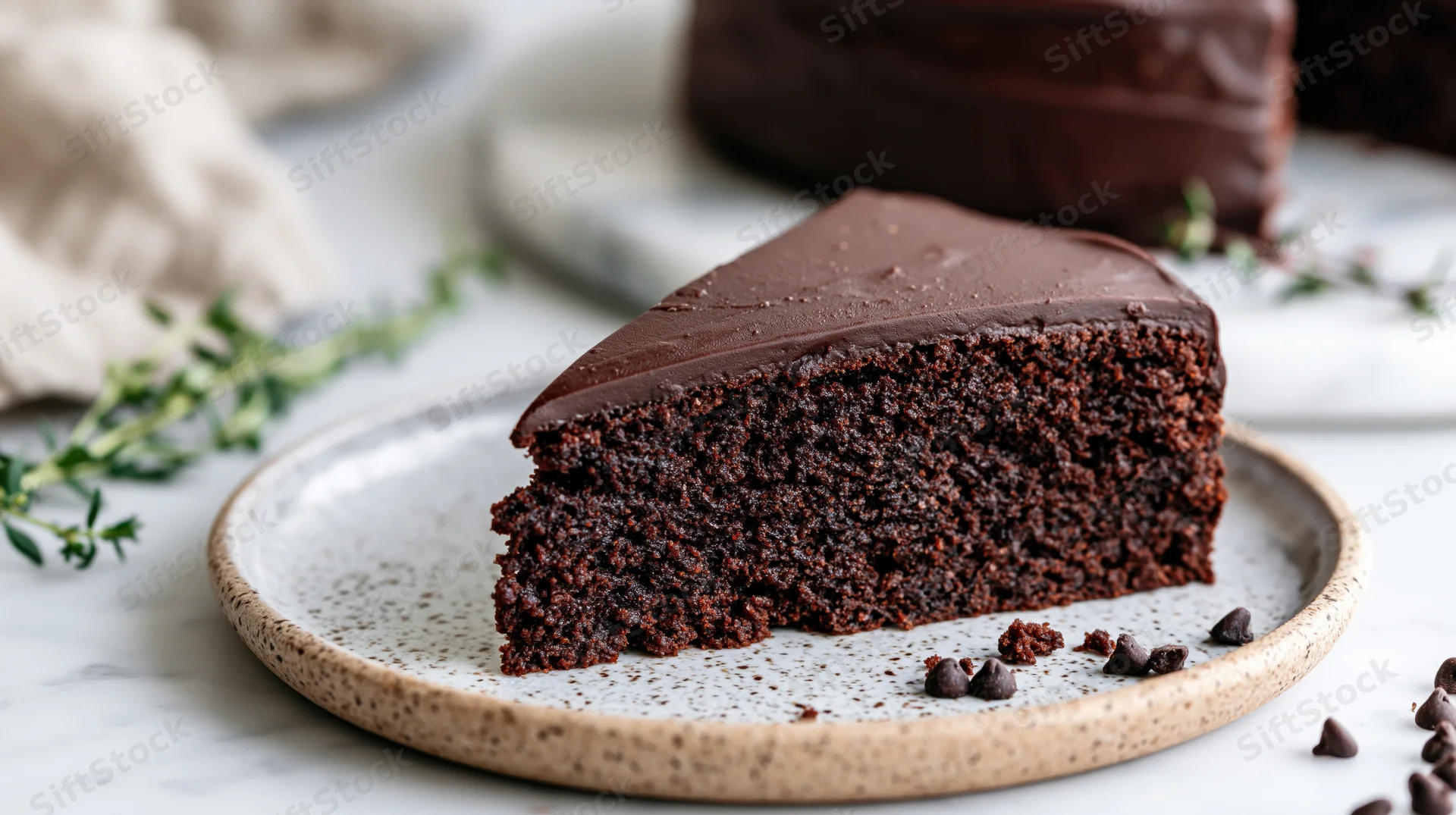 Slice of dense chocolate cake with smooth ganache topping on a speckled ceramic plate