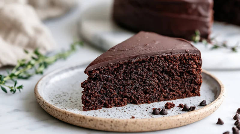 Slice of dense chocolate cake with smooth ganache topping on a speckled ceramic plate