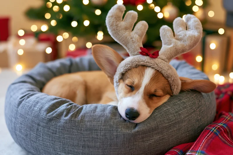 Corgi puppy sleeping in a grey pet bed wearing reindeer antlers with christmas tree lights in background