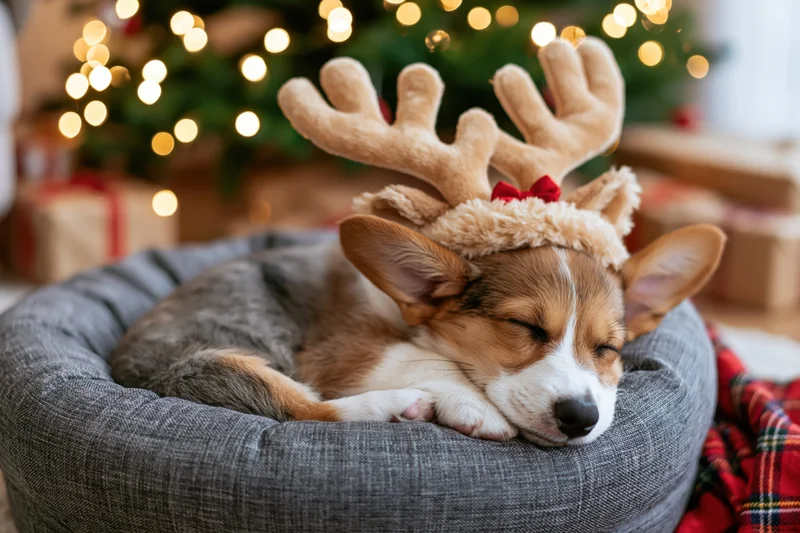 Corgi puppy sleeping curled in a round gray pet bed wearing reindeer antlers with christmas tree and lights in background