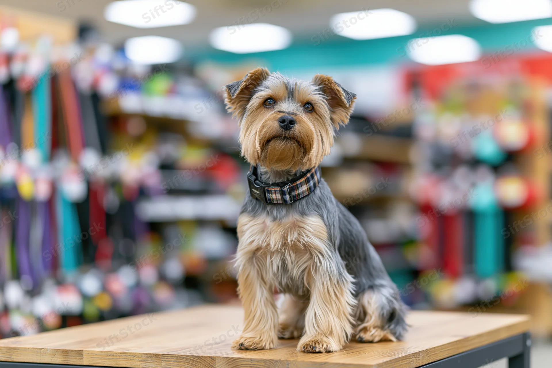 Yorkshireterrier sitting upright on wooden display in pet store
