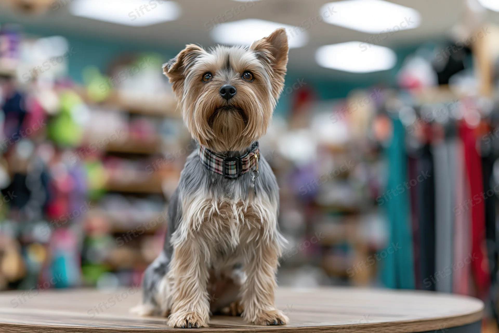 Yorkshireterrier sitting upright on wooden display in pet store interior