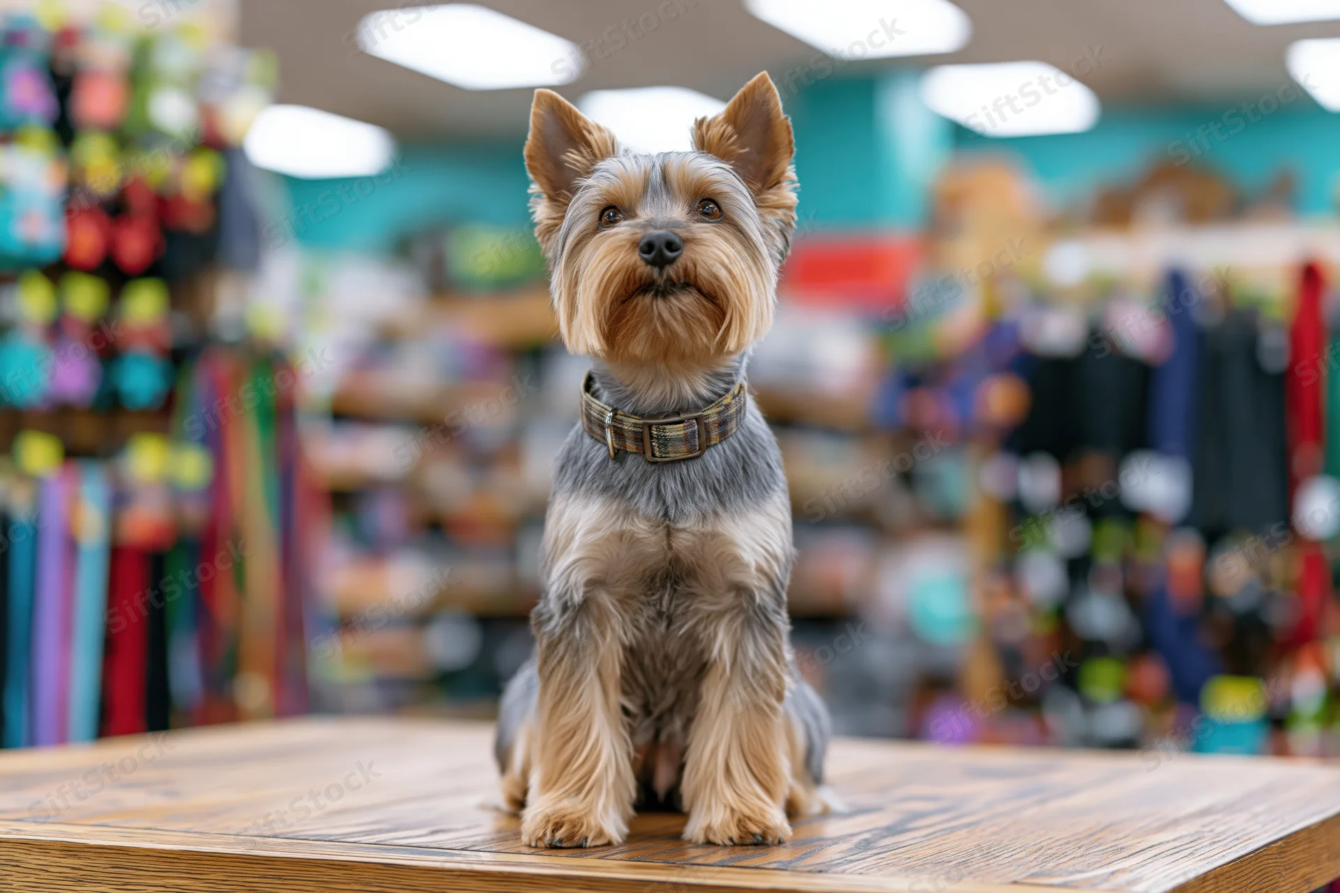Yorkshireterrier sitting upright on wooden display in pet store