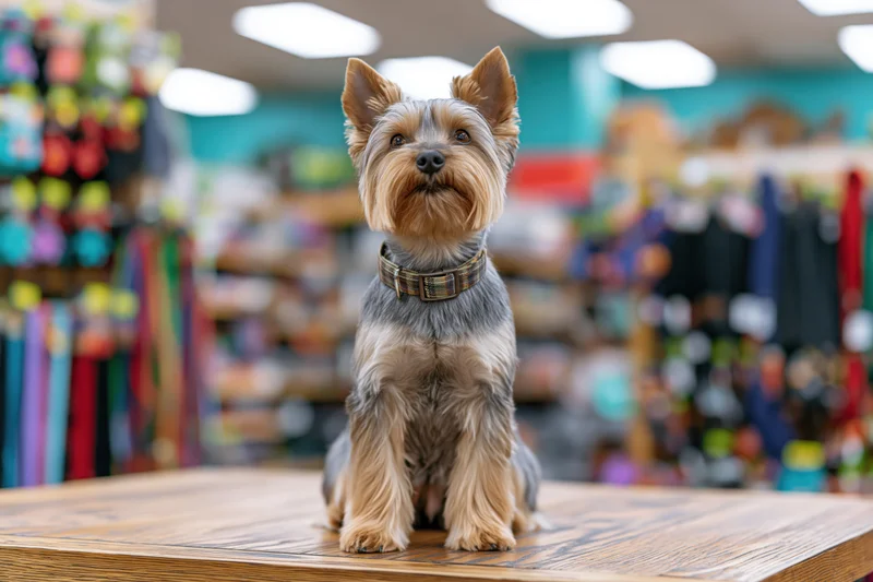 Yorkshireterrier sitting upright on wooden display in pet store